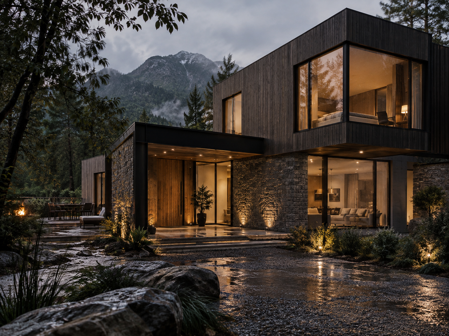 Vivienda conceptual de dos pisos con madera oscura y piedra en un entorno de bosque