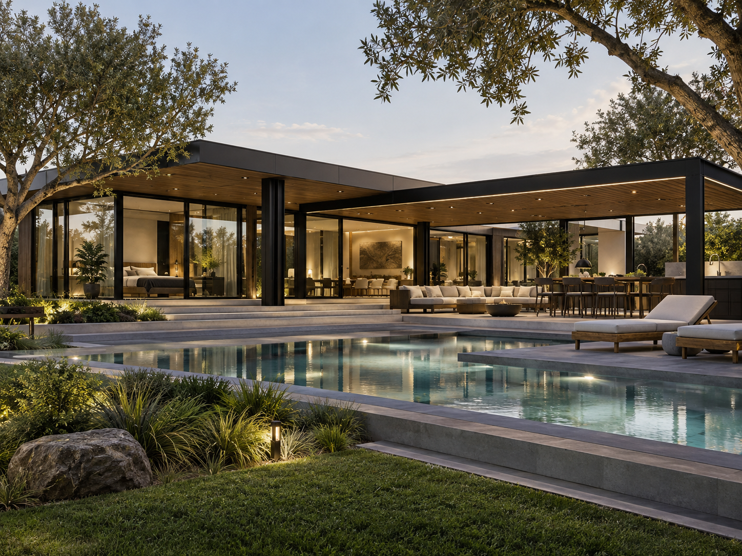 Casa conceptual de estilo mediterráneo con terraza y piscina