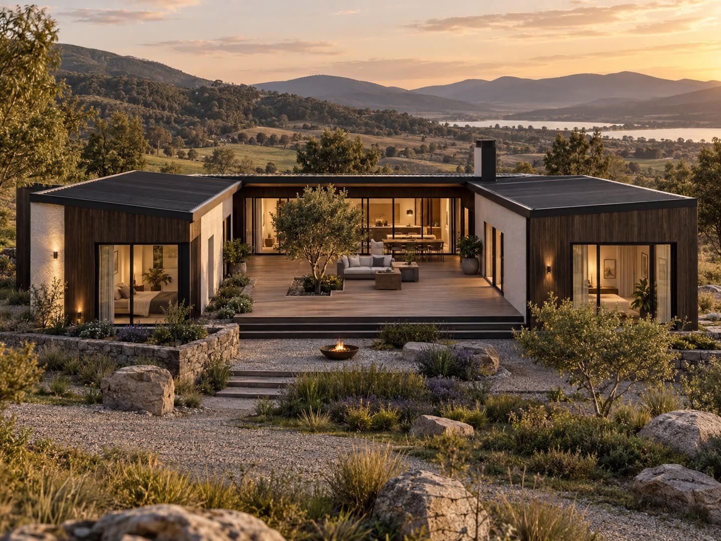 Vivienda articulada alrededor de una terraza abierta.