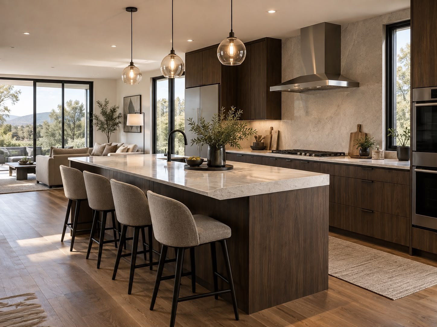 Detalle conceptual de cocina con piedra clara y madera oscura