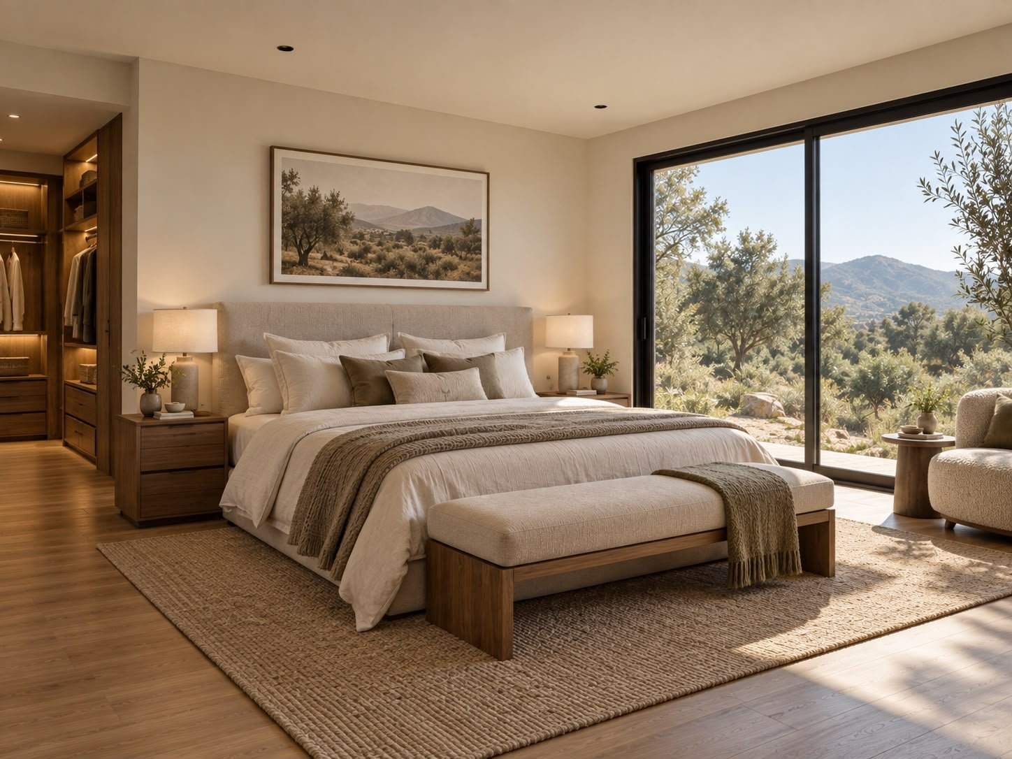 Dormitorio conceptual con tonos naturales y vista a las montañas