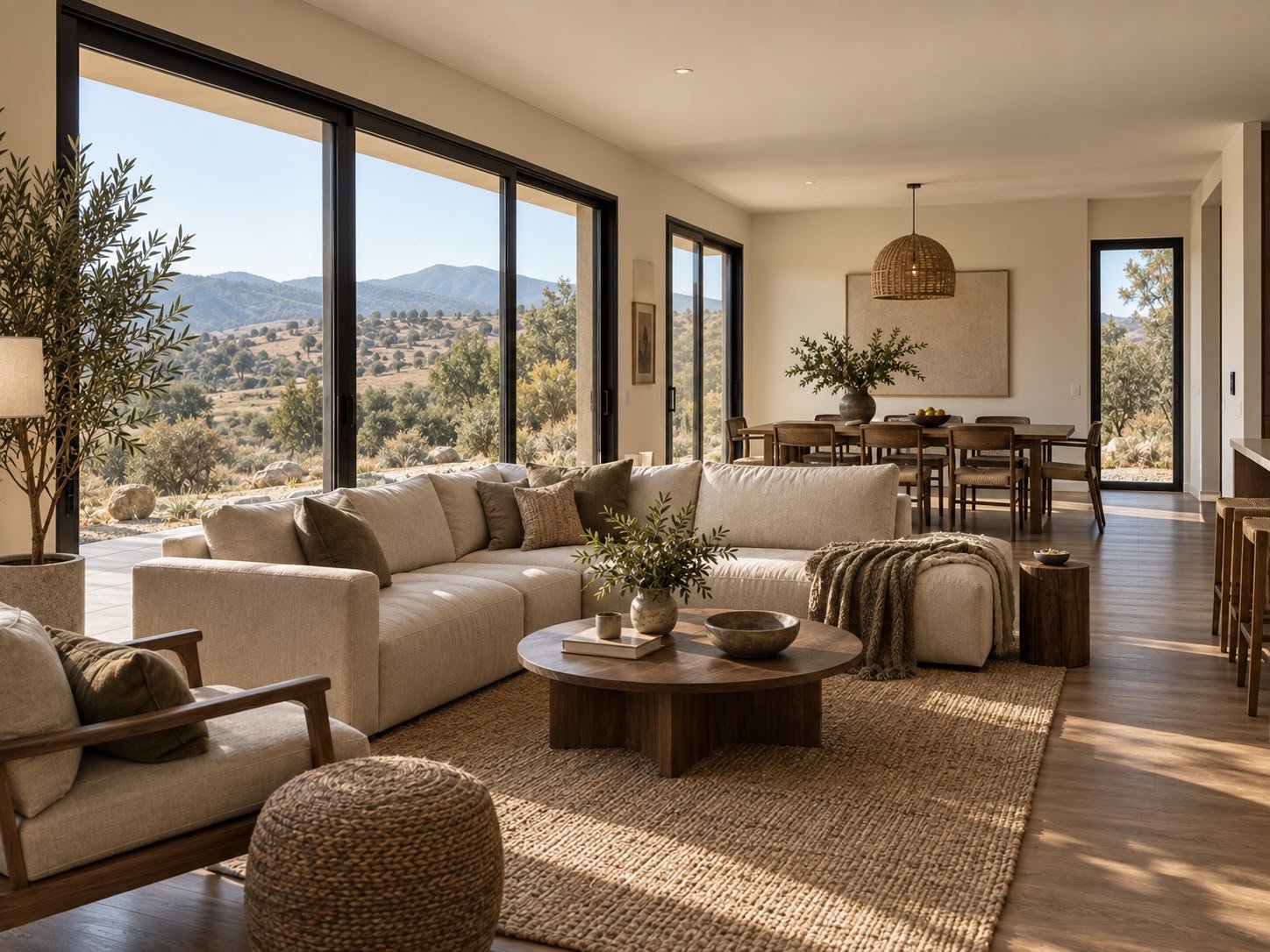 Interior conceptual con living, comedor y grandes ventanales hacia el paisaje