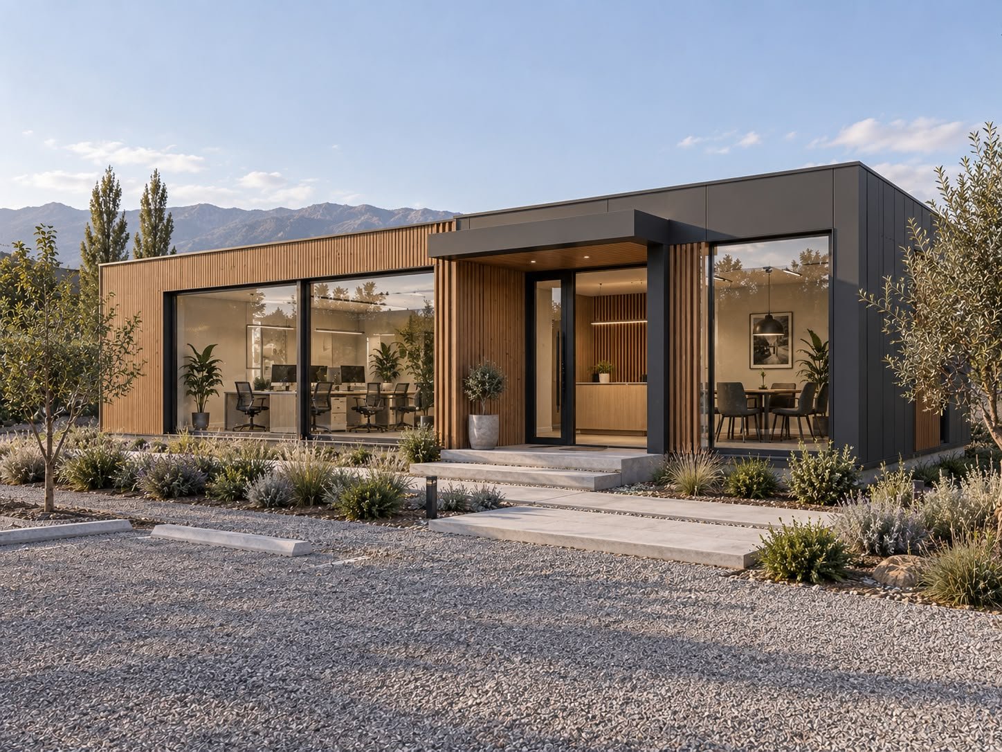 Oficina modular con espacios de trabajo y reunión.