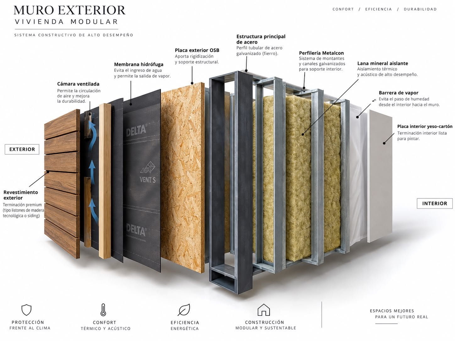 Esquema referencial de las capas de un muro exterior modular